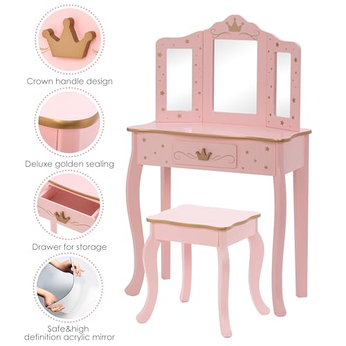 UTEX Kids Vanity Set with Mirror and Stool, Kids Make Up Vanity Desk with Mirrror for Little Girls, Children Makeup Dressing Table with Drawer, Pink - style: Pink-Crown