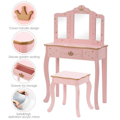 UTEX Kids Vanity Set with Mirror and Stool, Kids Make Up Vanity Desk with Mirrror for Little Girls, Children Makeup Dressing Table with Drawer, Pink - style: Pink-Crown