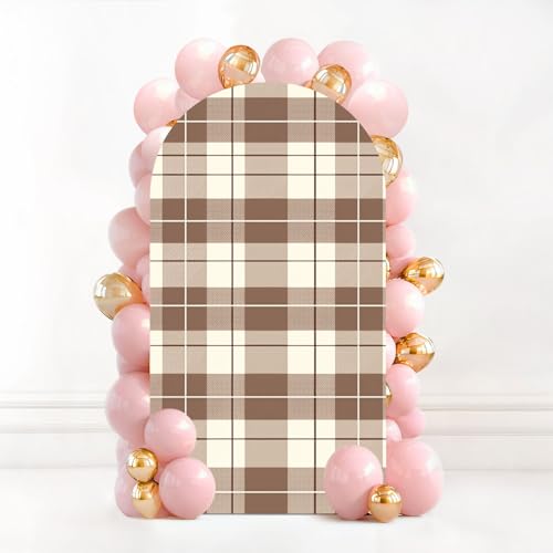 7.2FT Wedding Arch Backdrop Cover Brown White Plaid Check Seamless Patten Tartan Autumn Plaid Textured Spandex Fitted Fabric Round Top Stretchy Stand Covers for Baby Shower Birthday Party Decoration - color: Color4, size: 7.2x4 FT