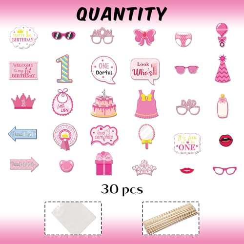 30Pcs Pink Girl's 1st Birthday Photo Booth Props Kit, Gender Reveal Decorations Camera Props, New Dad New Mom It' s a Girl Party Photography Supplies