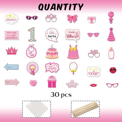 30Pcs Pink Girl's 1st Birthday Photo Booth Props Kit, Gender Reveal Decorations Camera Props, New Dad New Mom It' s a Girl Party Photography Supplies