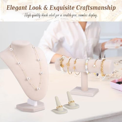 Wenqik 4 Pcs Velvet Jewelry Display Set Velvet Necklace Bust Holder Bracelet Organizer 2 Ring Finger Jewelry Holder - color: Linen Color