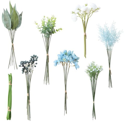 Floroom Artificial Greenery Stems Box Set, 59pcs with 7 Kinds of Faux Greenery Flowers Picks for DIY Bridal Bouquets Wedding Floral Arrangement Table Centerpieces, Blue & White - color: Blue & White