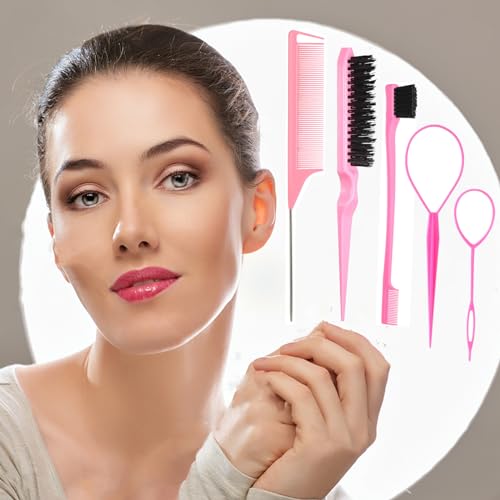 5Pcs Slick Back Brush Set with Topsy Tail Tool, Teasing Bristle, Rat Comb for Women & Girls Hair Styling, Flyaways Control and Edge Combing - Pink - color: PINK