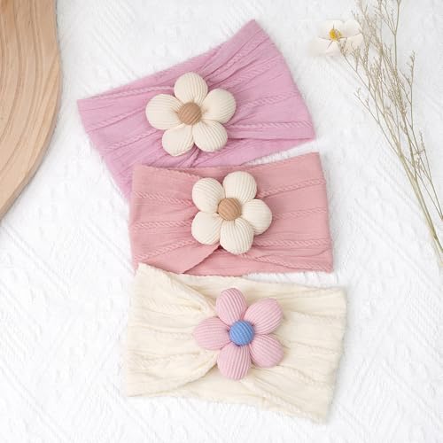 CÉLLOT 3 Pcs Baby Girl Headbands with Flower Nylon Headbands Soft Stretchy Headwear Hair Accessories for Newborn Infant Toddler Kids (Pink Beige Salmon) - color: Beige+Purple+Pink
