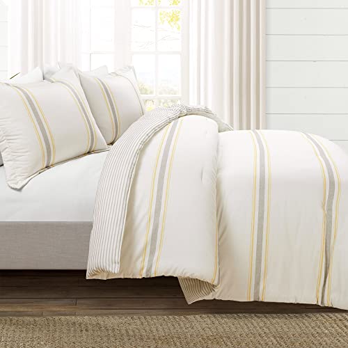 Lush Decor Farmhouse Stripe Reversible Cotton Comforter Set, 3 Piece Set, King, Yellow & Gray - Cozy Farmhouse Bedding Set - Rustic Decor - Striped Comforter - Modern Farmhouse Bedroom Decor - color: Yellow & Gray, size: King