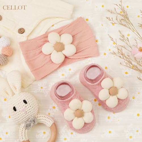 CÉLLOT Baby Girl Headband and Socks, Non-Slip Floral Socks and Soft Floral Nylon Hairbands for Babies Infants and Toddlers - color: Pink+Beige（Socks）