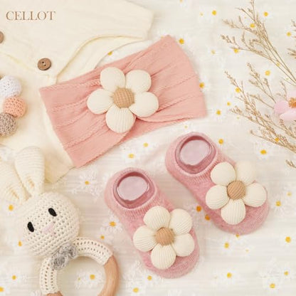 CÉLLOT Baby Girl Headband and Socks, Non-Slip Floral Socks and Soft Floral Nylon Hairbands for Babies Infants and Toddlers - color: Pink+Beige（Socks）
