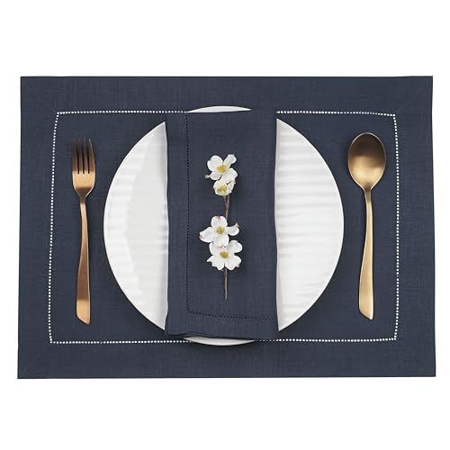 D'Moksha Homes Linen Placemats Set of 4 - Classic Hemstitch Navy Blue Placemats 14 x 19 Inch - 100% Pure Linen Table Mats for Spring - Handcrafted and Machine Washable - color: 02 - Navy Blue