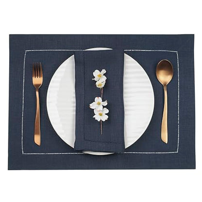 D'Moksha Homes Linen Placemats Set of 4 - Classic Hemstitch Navy Blue Placemats 14 x 19 Inch - 100% Pure Linen Table Mats for Spring - Handcrafted and Machine Washable - color: 02 - Navy Blue