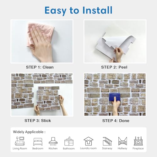 COMSTICKC 3D Faux Stone Peel and Stick Wall Panel, Faux Brick Wall Panels, 10 Pcs of 12"X12" Lightweight Thin PVC Rock Adhesive Fake Brick Backsplash Kitchen Living Room, Paintable - color: Brown - 01