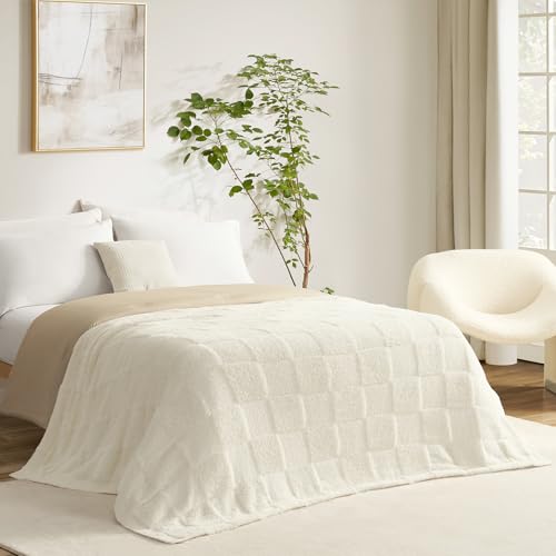 Snuggle Sac Checkered Throw Blanket Faux Fur Microfiber Blankets for Couch,Cozy Soft Warm Blanket for Sofa Bedroom Living Room,Solid Ivory,50x60 inches - color: Solid Ivory, size: Throw(50"x60")