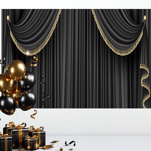 Fabric 8x6ft Black Curtain Backdrop for Photography Luxury Theater Stage Golden Tassel Curtain Background VIP Events Graduation Prom Wedding Ceremony Photo Shoot Decor Props - size: 8x6ft(WxH)