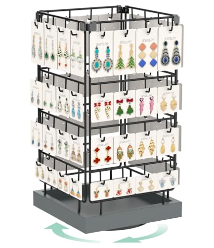 EsLuker.ly Rotating Earring Display Holder Stand for Vendors Events Selling, Large Capacity 64 Hooks Jewelry Rack with Wooden Base for Earring Card Sales, Enhances Retail Visibility(Dark Grey) - color: Dark Grey+Black