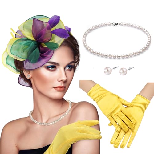 Fascinators Hats with Gloves Set for Women 20s 50s Cocktail Tea Party Wedding Costume Headwear - color: 03-green Purple Yellow