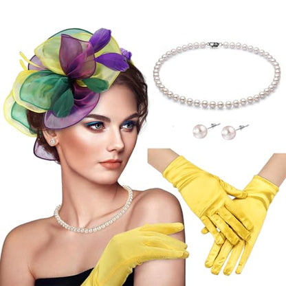 Fascinators Hats with Gloves Set for Women 20s 50s Cocktail Tea Party Wedding Costume Headwear - color: 03-green Purple Yellow