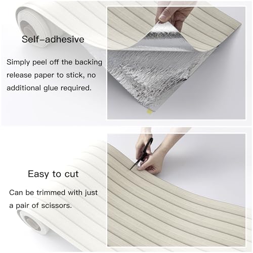 Peel and Stick PVC Slat Wall Panels, Wood Grain Self-Adhesive Soundproof Moisture-Resistant Paneling, 3D Faux Wood Panels for Bedroom Bathroom Walls & Ceilings 118"x15.75"(Off-White,13Sq.ft) - color: Off-White