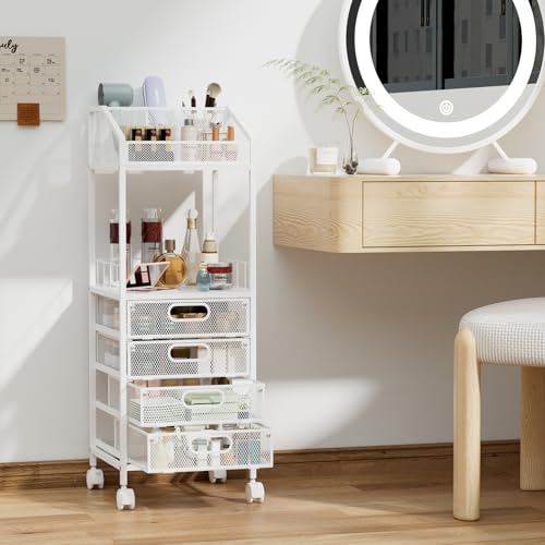 HapiRm Makeup Organizer Storage Cart - Floor Skincare Make Up Storage with 4 Drawers, Rolling Makeup Cart Vanity Organizer Cosmetics Display Cases Holder for Skin Care Perfume Nail Polish - color: White