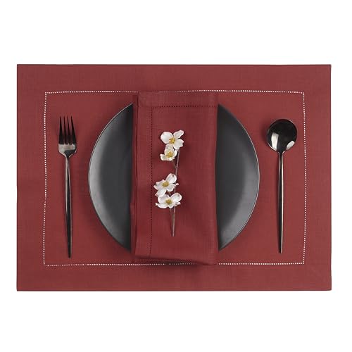 D'Moksha Homes Red Linen Placemats Set of 4 - Classic Hemstitch Placemats 14 x 19 Inch - 100% Pure Linen Table Mats for Spring - Handcrafted and Machine Washable - color: 03 - Red