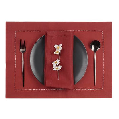 D'Moksha Homes Red Linen Placemats Set of 4 - Classic Hemstitch Placemats 14 x 19 Inch - 100% Pure Linen Table Mats for Spring - Handcrafted and Machine Washable - color: 03 - Red