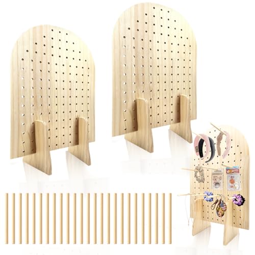 2 Pcs Wooden Pegboard Display Stand for Jewelry Keychains 25 Dowel Rods Accessories Rack, Earrings Organizer with Oval Pegboard Design for Craft Shows,Boutique Retail,Vendor Displays