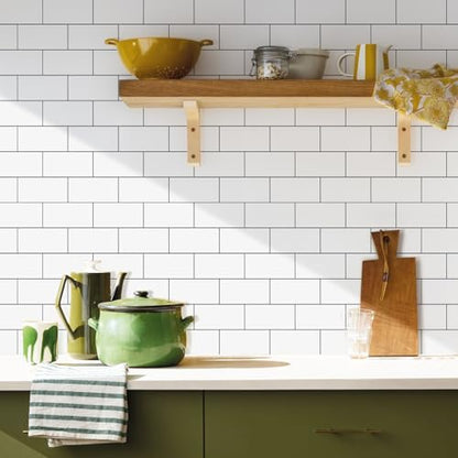 Vamos Tile 100-Piece Glossy Pure White Peel and Stick Backsplash Tile,3''x6'' PVC Subway Tile with Dark Gray Grout,Stick on Backsplash for Kitchen/Bathroom/Fireplace - color: Pure White