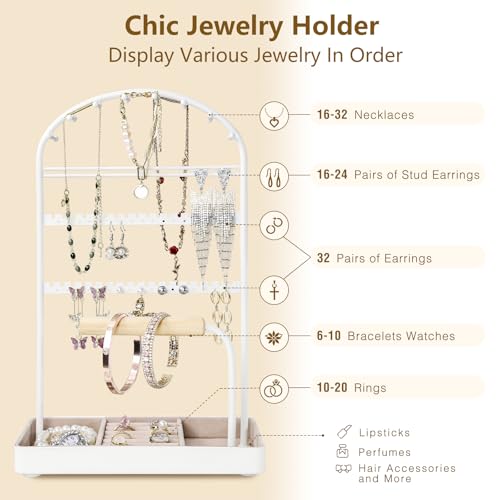 Saydear Multi-Functional Jewelry Holder Organizer Necklace Display Stand Velvet Lined Bar for Rings 2 Tier with 18 Hooks, 32 Earring Holes - Sturdy and Durable, Easy Organization White - color: White V1.0