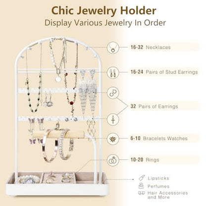 Saydear Multi-Functional Jewelry Holder Organizer Necklace Display Stand Velvet Lined Bar for Rings 2 Tier with 18 Hooks, 32 Earring Holes - Sturdy and Durable, Easy Organization White - color: White V1.0
