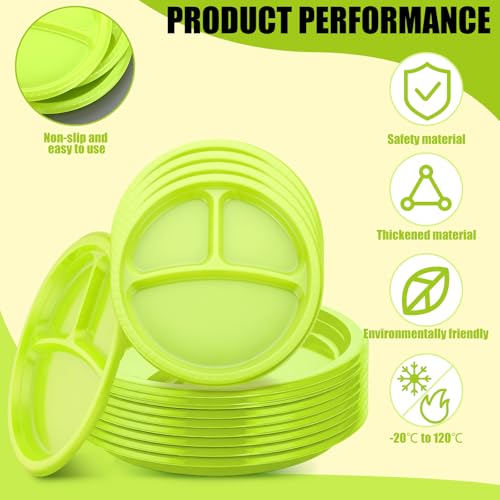 Umigy 100 Pcs 10 Inch 3 Compartments Divided Plastic Plates Bulk Colorful Disposable Heavy Duty Round Dinnerware for Party Valentine Wedding Birthday (Green) - color: Green