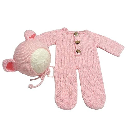2Pcs Newborn Photography Props Boy Photo Posing Outfits Baby Photoshoots Girl Crochet Bear Hat Romper - color: Pink