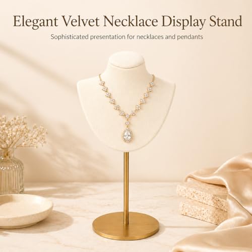 Necklace Display Stand For Selling Velvet Chain Jewelry Bust Holder Organizer With Stainless Steel Stand Jewelry Display - color: Beige-White-9.84in