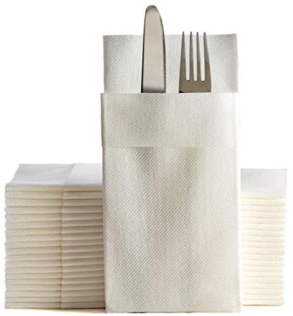 Moyes Home White Disposable Dinner Napkins with Pocket - Linen-Feel Pre-Folded Cloth-Like Paper Napkins for Silverware, Weddings, Dinner Parties, 16x16 in, Pack of 50 - color: White