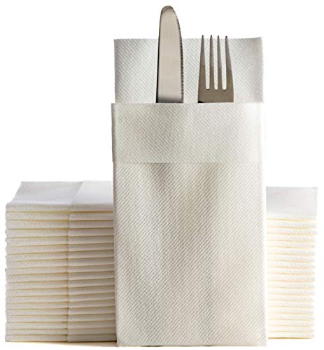 Moyes Home White Disposable Dinner Napkins with Pocket - Linen-Feel Pre-Folded Cloth-Like Paper Napkins for Silverware, Weddings, Dinner Parties, 16x16 in, Pack of 50 - color: White