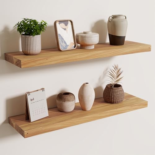 Axeman Floating Shelves for Wall, 30''W x 8'' D Rustic Solid Elm Wood Shelves for Storage, Wall Mounted Display Shelving with Invisible Heavy-Duty Metal Bracket (Natural, 2PCs) - color: Natural Elm With Flat Edge, size: 30 inches - 2P