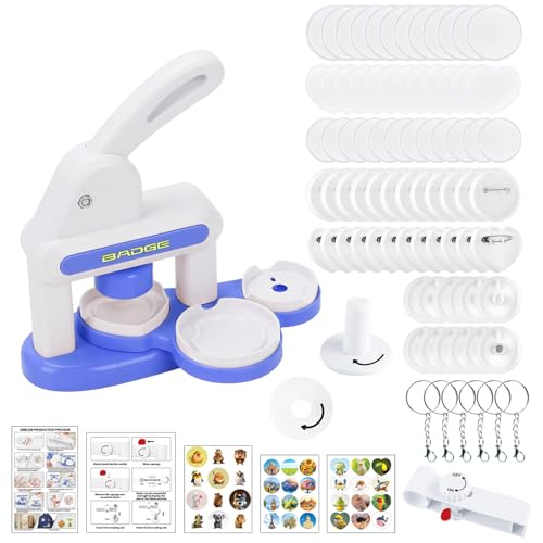 Yallmie Button Maker Machine, Pin Maker Machine Sturdy Button Press Kit, Pin Badge Maker Machine with 24Pcs Badge, Pictures and Circle Cutter, Ideal DIY Kit (C Type) - color: Blue White