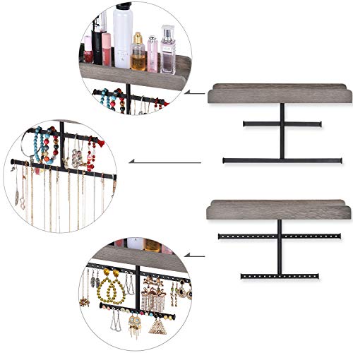 Keebofly Hanging Wall Mounted Jewelry Organizer with Rustic Wood Jewelry Holder Display for Necklaces Bracelet Earrings Ring Set of 2 Weathered Grey,[Patented] - color: Weathered Grey