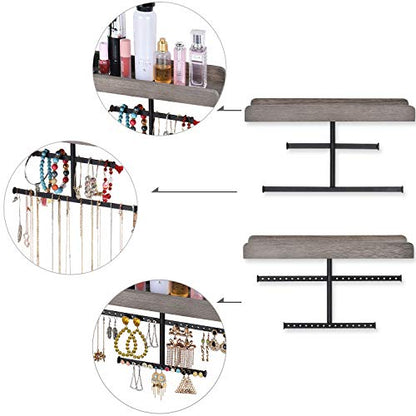 Keebofly Hanging Wall Mounted Jewelry Organizer with Rustic Wood Jewelry Holder Display for Necklaces Bracelet Earrings Ring Set of 2 Weathered Grey,[Patented] - color: Weathered Grey