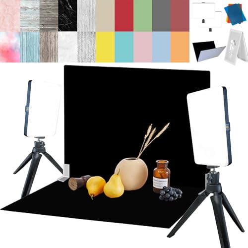 14PCS Black Velvet Flocked Product Photography Backdrops Board with 2PCS LED Lighting Kit Anti-Glare Photo Backdrop for Small Product Food Jewelry Cosmetic. (16x11.5in)
