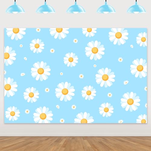 Blue Retro Daisy Backdrop Hippie Boho Party Decorations White Floral Blue Photo Background Cake Table Banner for Boys Groovy Baby Shower Birthday Party Decor Supplies Photoshoot Studio Props 5x3ft - color: Blue