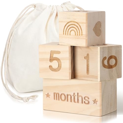 Wonderjune Boho Baby Monthly Milestone Blocks Set of 4 Wooden Baby Age Milestone Signs with Drawstring Bag Months Weeks Years Days Blocks for Newborn Photo Props Keepsake