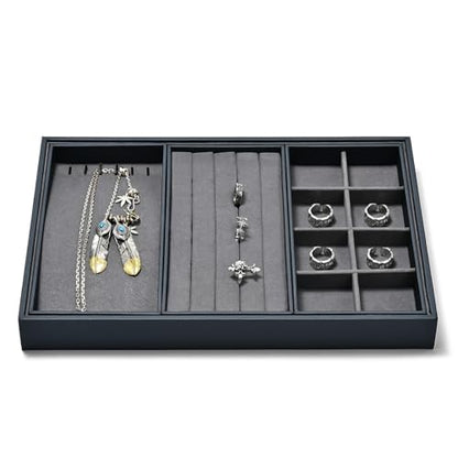 Grey Microfiber 4 in 1 Stackable Jewelry Organizer Trays Jewelry Rings Necklace Earrings Display Trays - size: 3 Grid