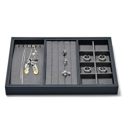 Grey Microfiber 4 in 1 Stackable Jewelry Organizer Trays Jewelry Rings Necklace Earrings Display Trays - size: 3 Grid