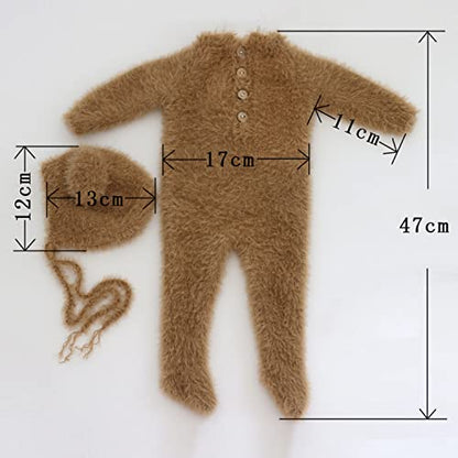 2Pcs Newborn Photography Props Boy Photo Posing Outfits Baby Photoshoots Girl Crochet Bear Hat Romper - color: Brown B
