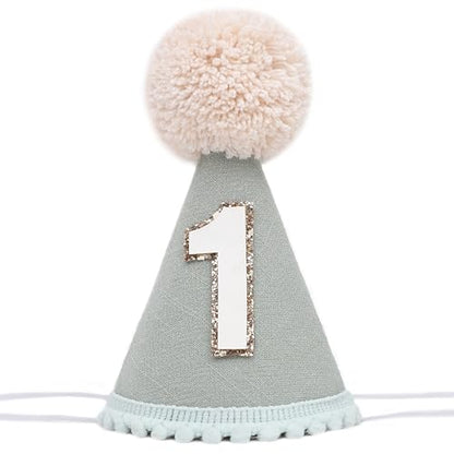 Neutral 1st Birthday Party Hat - Simple First Cone Hat, One Birthday Decoration Photo Props - color: Sage Green