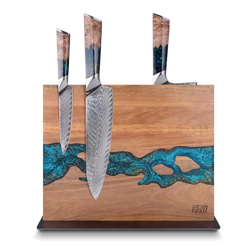 FINDKING Magnetic Knife Block, Double Sided Holder, Powerful Magnet Kitchen Storage, Acacia Wood and Blue Resin (12 x 10 Inches, Without Knives) - color: Blue