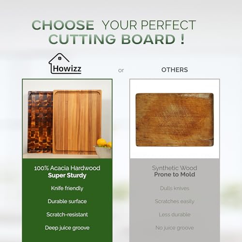 Howizz Acacia Wood Large Cutting Board, Thick Edge Grain Solid Wood Butcher Block For Kitchen, Non Toxic Pre-Oiled Carving Tray w/Juice Grooves and Easy Grip Handle, 24"x18" Thick 1" Gift-Ready Box - color: 1-Edge Grain 1in, size: 24"L x 18"W