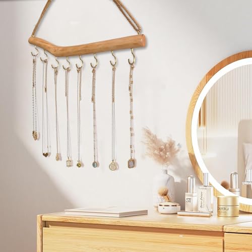 15.7-Inch Rustic Wood Wall Hanging Jewelry Organizer Handmade Natural Wood Logs Branch Decor (Branch with 8 Metal Hooks)