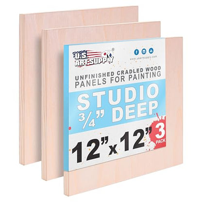 U.S. Art Supply 12" x 12" Unfinished Cradled Wood Panels for Painting, Studio 3/4" Deep (3 Pack) - Artist Depth Birch Wooden Wall Canvases - Mixed-Media Craft, Acrylic, Oil, Encaustic, Paint Pouring - size: 12" X 12", style: Square