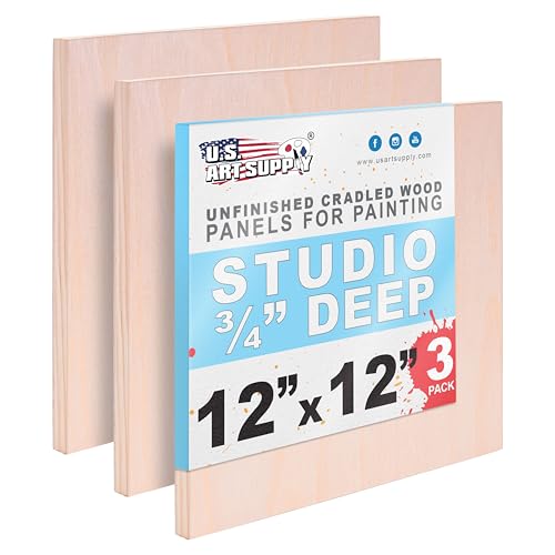 U.S. Art Supply 12" x 12" Unfinished Cradled Wood Panels for Painting, Studio 3/4" Deep (3 Pack) - Artist Depth Birch Wooden Wall Canvases - Mixed-Media Craft, Acrylic, Oil, Encaustic, Paint Pouring - size: 12" X 12", style: Square