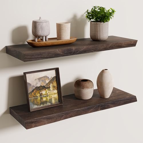 Axeman 24 inch Floating Shelves for Wall - 8'' D Live Edge Rustic Solid Elm Wood Floating Shelves Wall Mounted, Wall Shelves with Invisible Bracket for Living Room Bedroom Kitchen, Set of 2 Walnut - color: Walnut With Live Edge, size: 24 inches - 2P